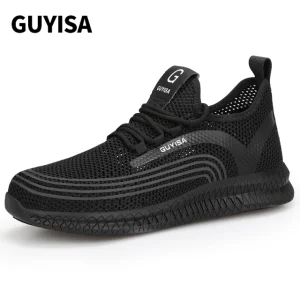 Black summer breathable wear resistant rubber soled steel toe safety shoes
